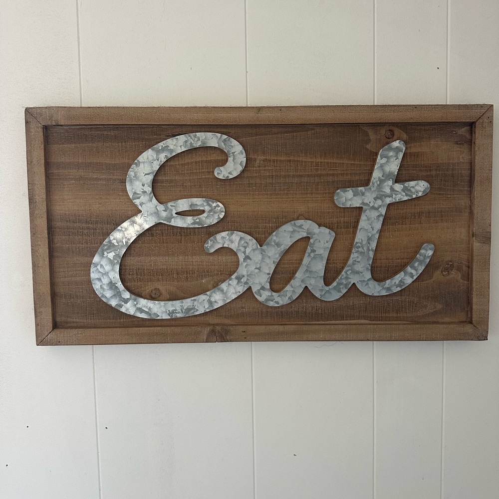 Wooden Wall Sign with Galvanized 'Eat' Script - Brown & Silver